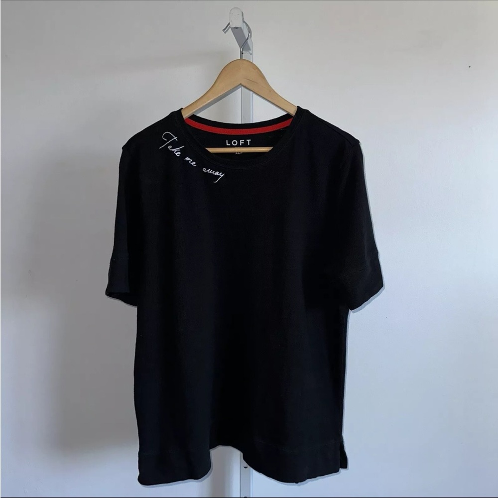 LOFT Take Me Away Black Crew Neck Tee Shirt Top French Terry Cotton Size XLP